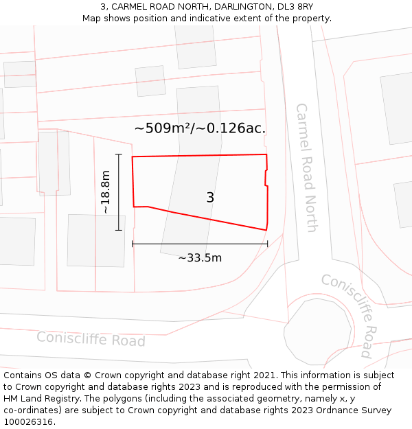 3, CARMEL ROAD NORTH, DARLINGTON, DL3 8RY: Plot and title map