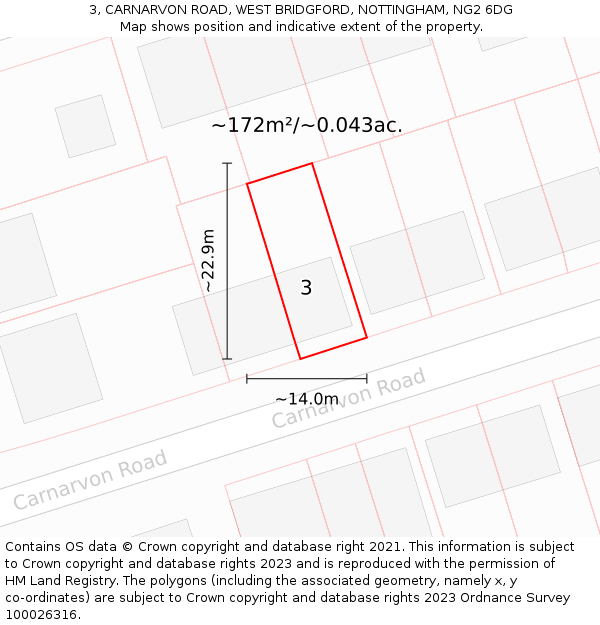 3, CARNARVON ROAD, WEST BRIDGFORD, NOTTINGHAM, NG2 6DG: Plot and title map