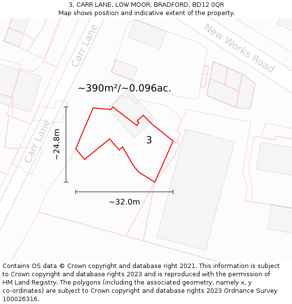 3, CARR LANE, LOW MOOR, BRADFORD, BD12 0QR: Plot and title map