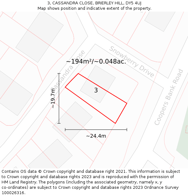 3, CASSANDRA CLOSE, BRIERLEY HILL, DY5 4UJ: Plot and title map