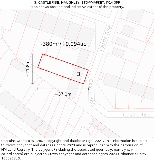 3, CASTLE RISE, HAUGHLEY, STOWMARKET, IP14 3PR: Plot and title map