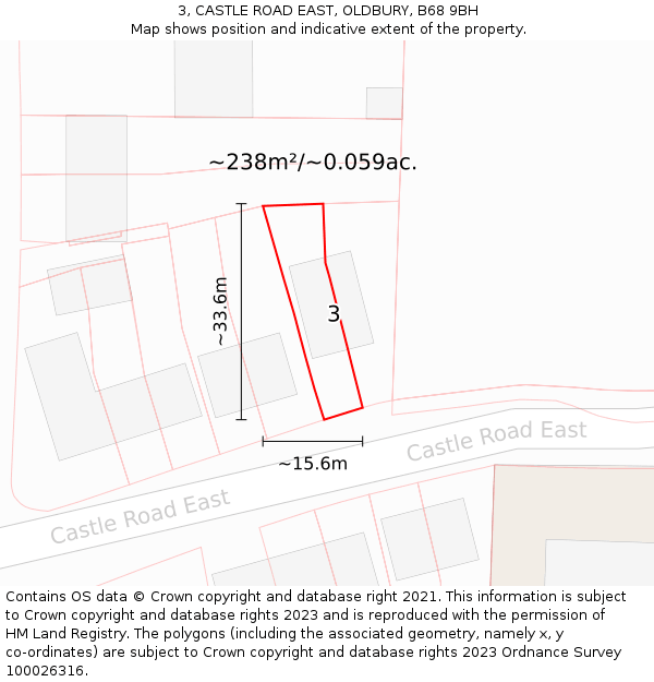 3, CASTLE ROAD EAST, OLDBURY, B68 9BH: Plot and title map