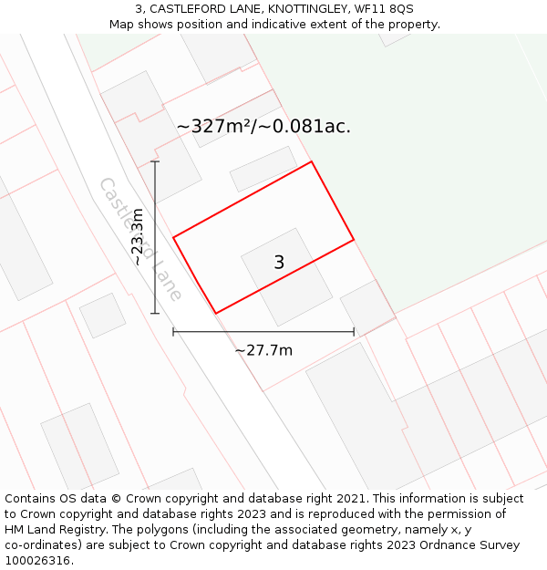 3, CASTLEFORD LANE, KNOTTINGLEY, WF11 8QS: Plot and title map