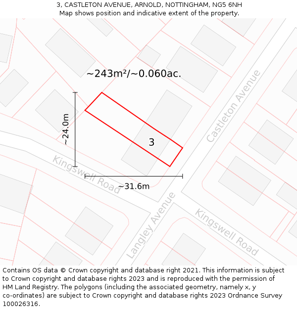 3, CASTLETON AVENUE, ARNOLD, NOTTINGHAM, NG5 6NH: Plot and title map