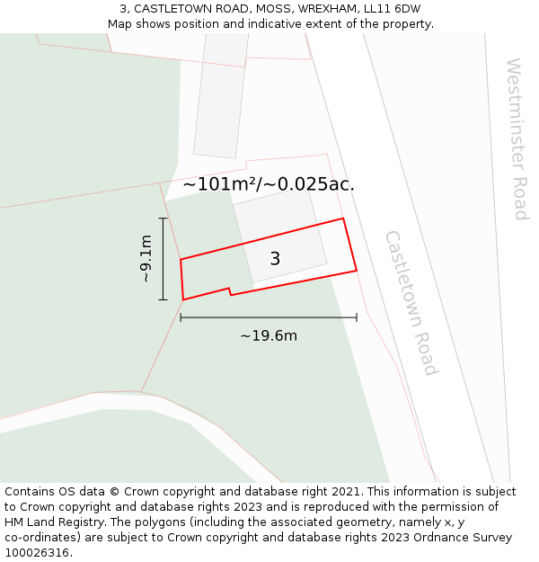 3, CASTLETOWN ROAD, MOSS, WREXHAM, LL11 6DW: Plot and title map