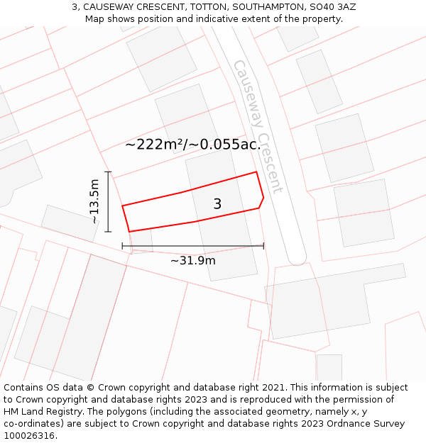 3, CAUSEWAY CRESCENT, TOTTON, SOUTHAMPTON, SO40 3AZ: Plot and title map