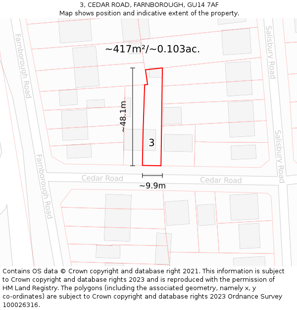 3, CEDAR ROAD, FARNBOROUGH, GU14 7AF: Plot and title map