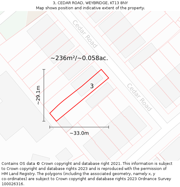 3, CEDAR ROAD, WEYBRIDGE, KT13 8NY: Plot and title map