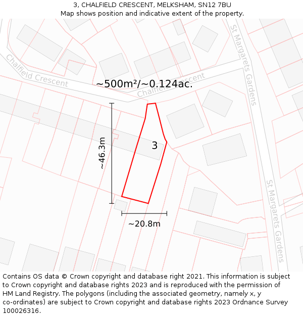 3, CHALFIELD CRESCENT, MELKSHAM, SN12 7BU: Plot and title map
