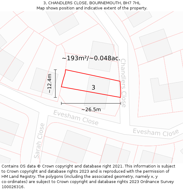 3, CHANDLERS CLOSE, BOURNEMOUTH, BH7 7HL: Plot and title map