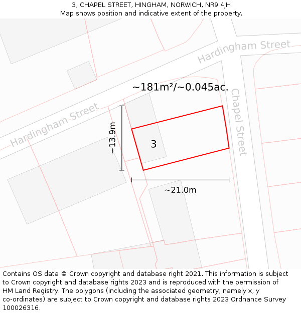 3, CHAPEL STREET, HINGHAM, NORWICH, NR9 4JH: Plot and title map