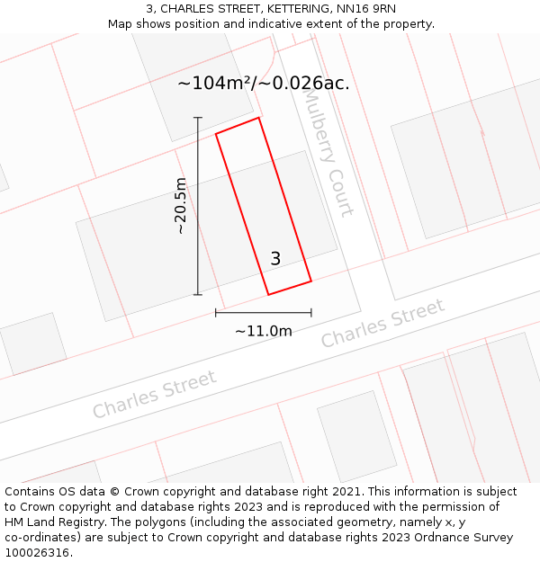 3, CHARLES STREET, KETTERING, NN16 9RN: Plot and title map