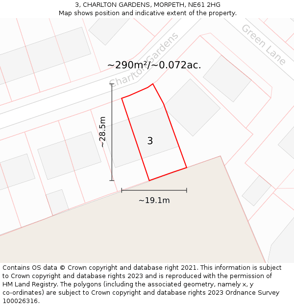 3, CHARLTON GARDENS, MORPETH, NE61 2HG: Plot and title map