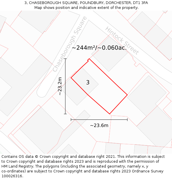 3, CHASEBOROUGH SQUARE, POUNDBURY, DORCHESTER, DT1 3FA: Plot and title map
