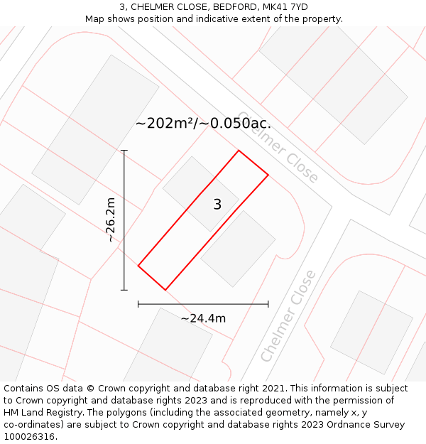 3, CHELMER CLOSE, BEDFORD, MK41 7YD: Plot and title map