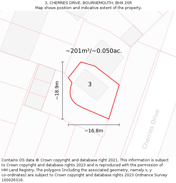 3, CHERRIES DRIVE, BOURNEMOUTH, BH9 2SR: Plot and title map