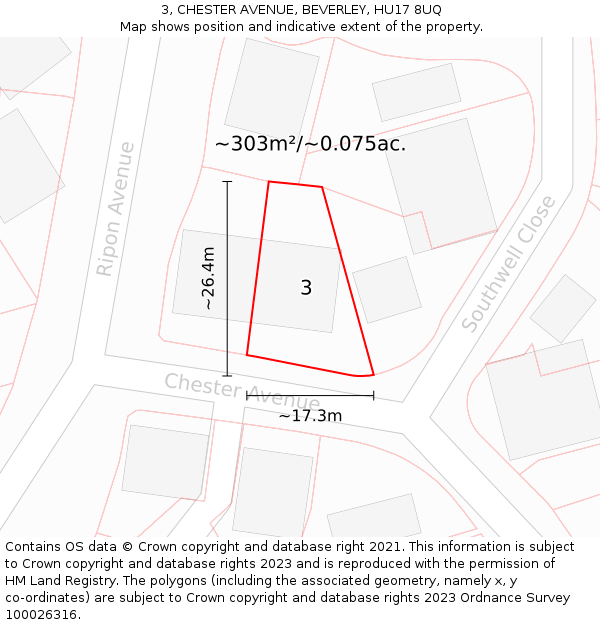 3, CHESTER AVENUE, BEVERLEY, HU17 8UQ: Plot and title map