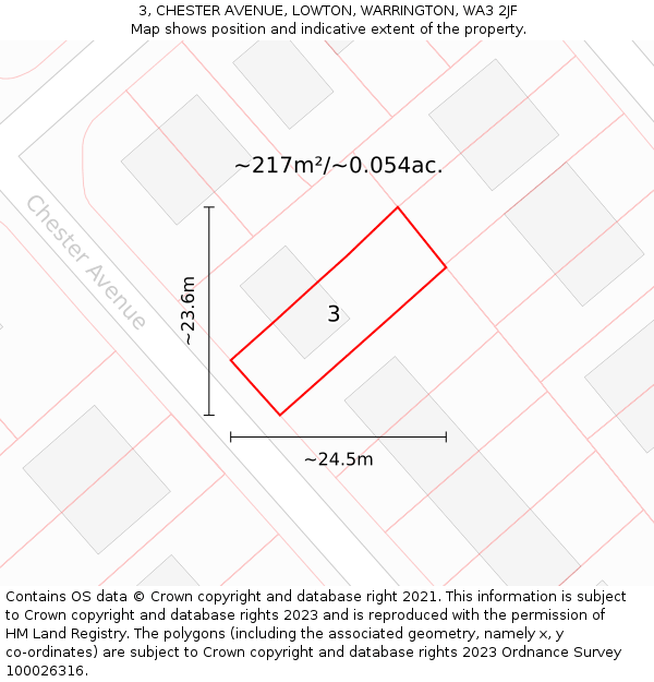 3, CHESTER AVENUE, LOWTON, WARRINGTON, WA3 2JF: Plot and title map