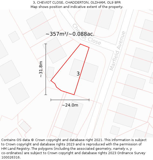 3, CHEVIOT CLOSE, CHADDERTON, OLDHAM, OL9 8PR: Plot and title map