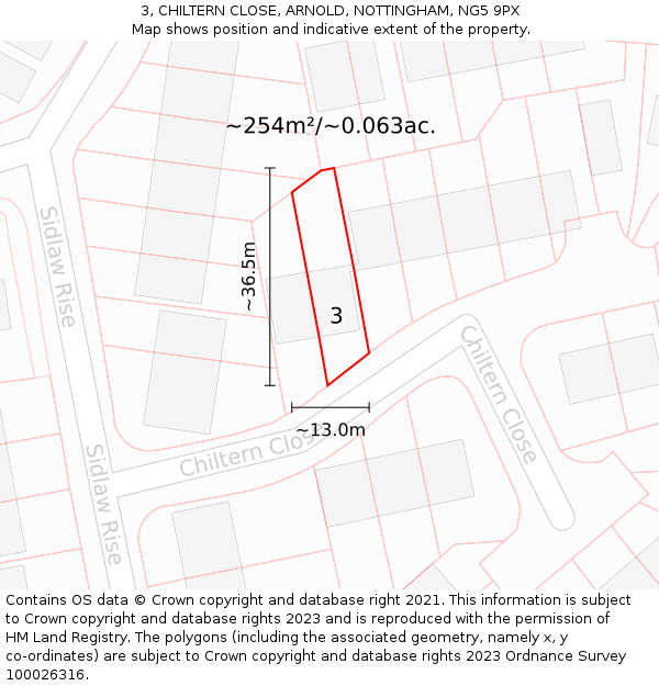 3, CHILTERN CLOSE, ARNOLD, NOTTINGHAM, NG5 9PX: Plot and title map