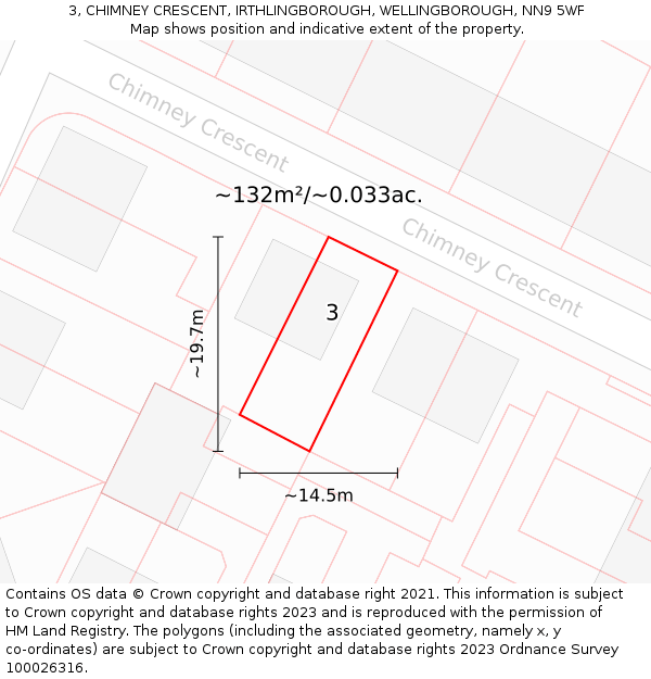 3, CHIMNEY CRESCENT, IRTHLINGBOROUGH, WELLINGBOROUGH, NN9 5WF: Plot and title map