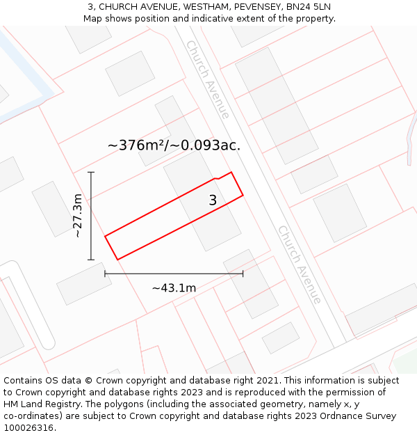 3, CHURCH AVENUE, WESTHAM, PEVENSEY, BN24 5LN: Plot and title map