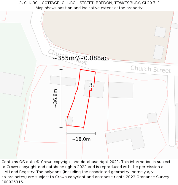 3, CHURCH COTTAGE, CHURCH STREET, BREDON, TEWKESBURY, GL20 7LF: Plot and title map