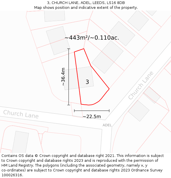 3, CHURCH LANE, ADEL, LEEDS, LS16 8DB: Plot and title map