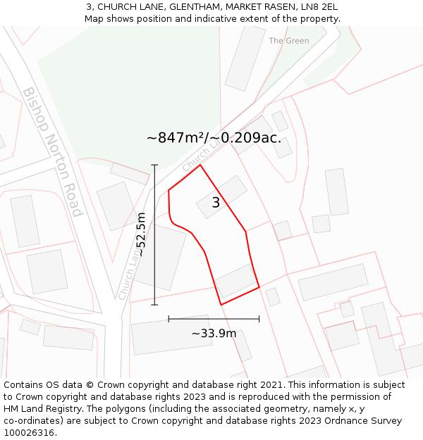 3, CHURCH LANE, GLENTHAM, MARKET RASEN, LN8 2EL: Plot and title map