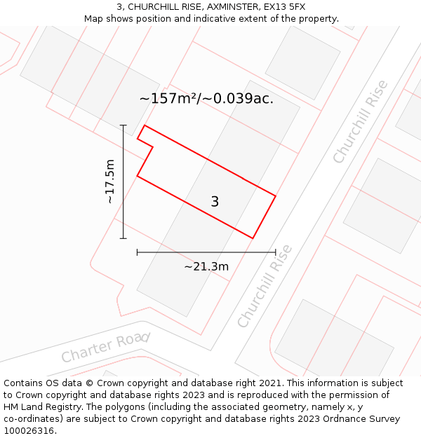 3, CHURCHILL RISE, AXMINSTER, EX13 5FX: Plot and title map