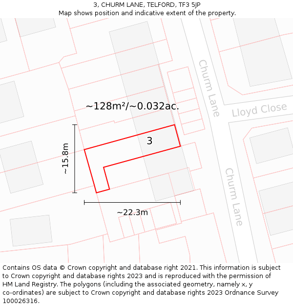 3, CHURM LANE, TELFORD, TF3 5JP: Plot and title map