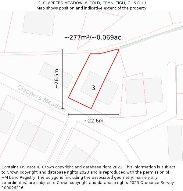 3, CLAPPERS MEADOW, ALFOLD, CRANLEIGH, GU6 8HH: Plot and title map