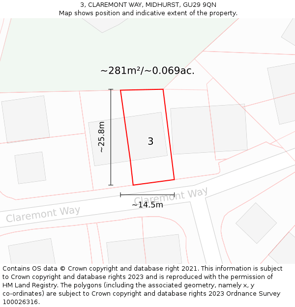 3, CLAREMONT WAY, MIDHURST, GU29 9QN: Plot and title map