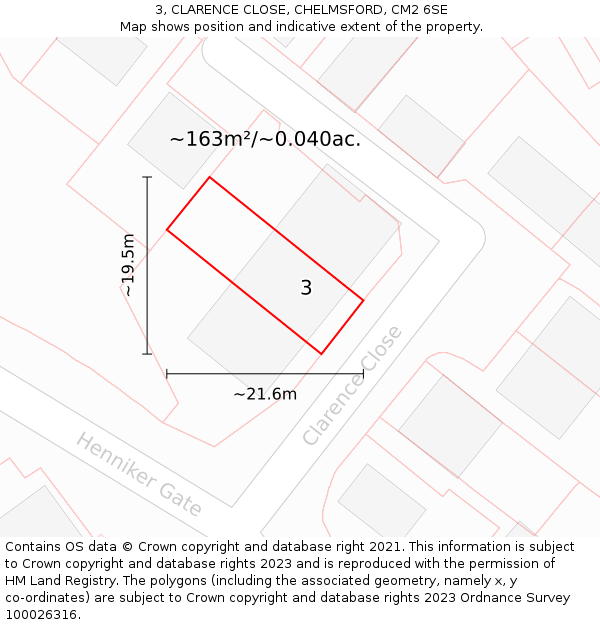 3, CLARENCE CLOSE, CHELMSFORD, CM2 6SE: Plot and title map