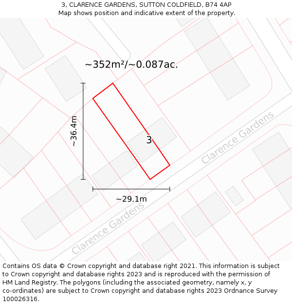 3, CLARENCE GARDENS, SUTTON COLDFIELD, B74 4AP: Plot and title map