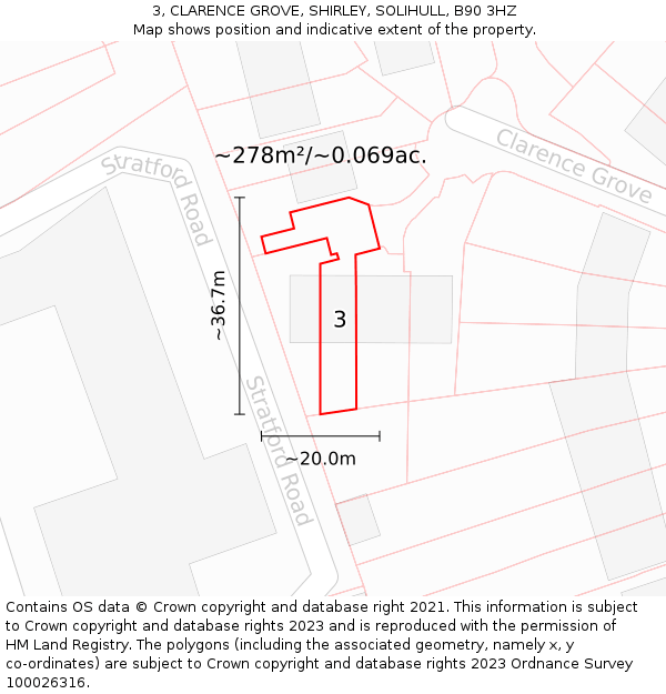 3, CLARENCE GROVE, SHIRLEY, SOLIHULL, B90 3HZ: Plot and title map