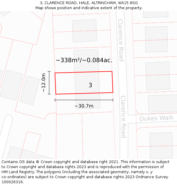 3, CLARENCE ROAD, HALE, ALTRINCHAM, WA15 8SG: Plot and title map