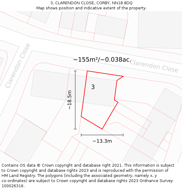 3, CLARENDON CLOSE, CORBY, NN18 8DQ: Plot and title map