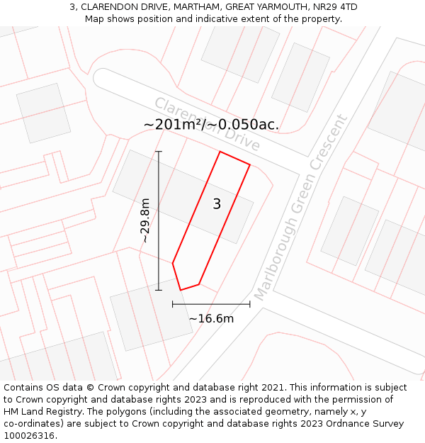 3, CLARENDON DRIVE, MARTHAM, GREAT YARMOUTH, NR29 4TD: Plot and title map