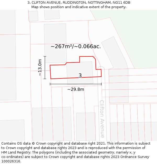 3, CLIFTON AVENUE, RUDDINGTON, NOTTINGHAM, NG11 6DB: Plot and title map