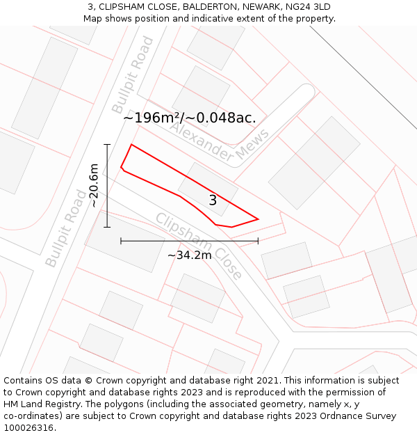 3, CLIPSHAM CLOSE, BALDERTON, NEWARK, NG24 3LD: Plot and title map