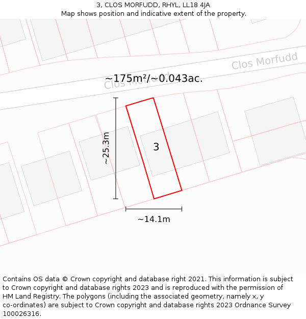 3, CLOS MORFUDD, RHYL, LL18 4JA: Plot and title map