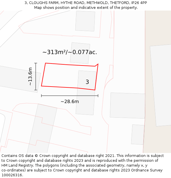 3, CLOUGHS FARM, HYTHE ROAD, METHWOLD, THETFORD, IP26 4PP: Plot and title map