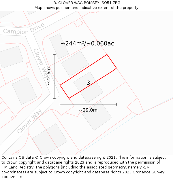 3, CLOVER WAY, ROMSEY, SO51 7RG: Plot and title map