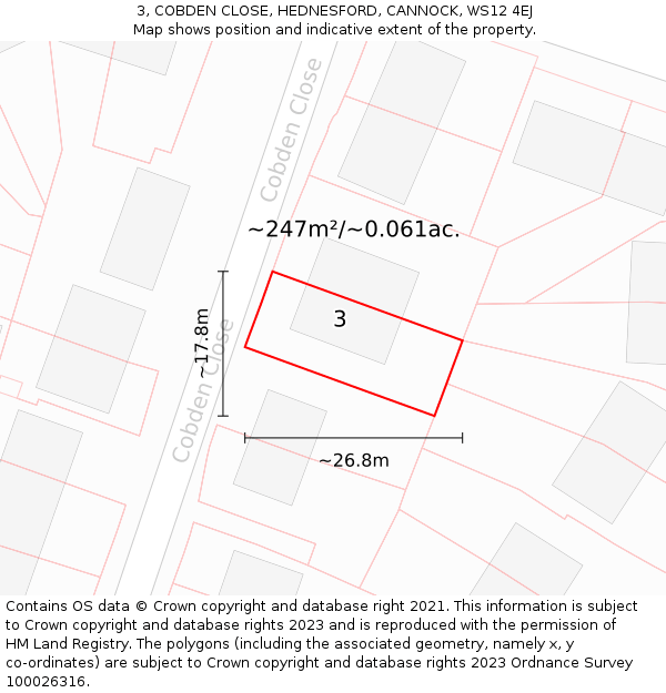 3, COBDEN CLOSE, HEDNESFORD, CANNOCK, WS12 4EJ: Plot and title map