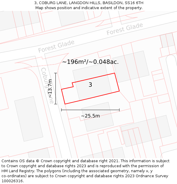 3, COBURG LANE, LANGDON HILLS, BASILDON, SS16 6TH: Plot and title map