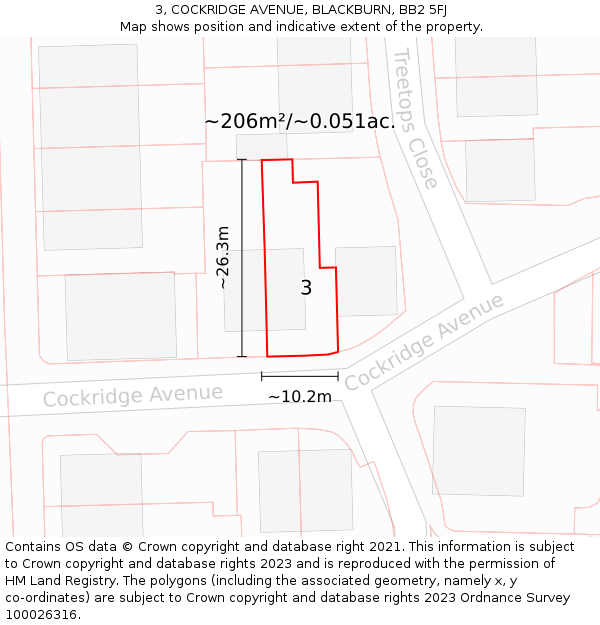 3, COCKRIDGE AVENUE, BLACKBURN, BB2 5FJ: Plot and title map