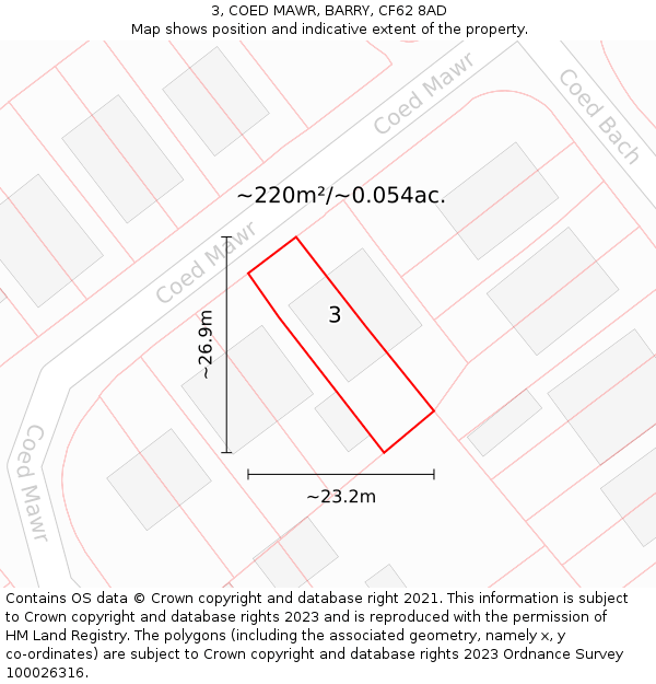 3, COED MAWR, BARRY, CF62 8AD: Plot and title map