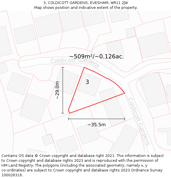 3, COLDICOTT GARDENS, EVESHAM, WR11 2JW: Plot and title map