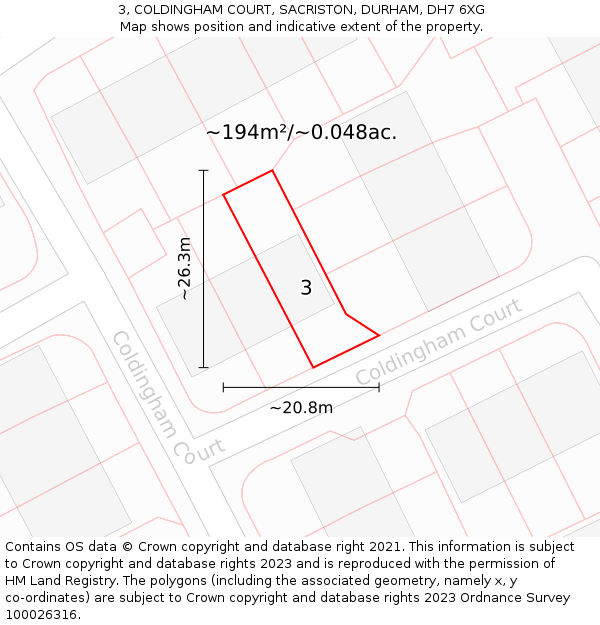 3, COLDINGHAM COURT, SACRISTON, DURHAM, DH7 6XG: Plot and title map